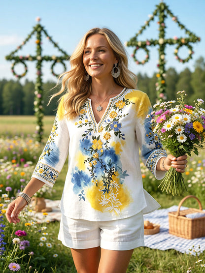 Women’s Swedish Midsummer Floral Print Casual V-neck Linen-Cotton T-shirt
