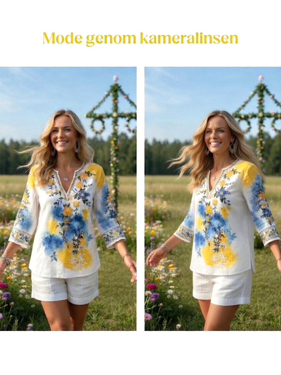 Women’s Swedish Midsummer Floral Print Casual V-neck Linen-Cotton T-shirt