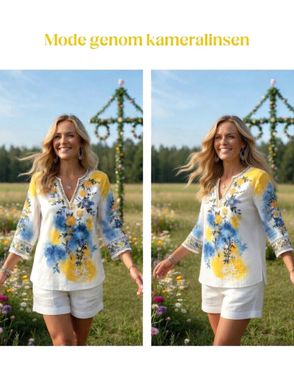 Women’s Swedish Midsummer Floral Print Casual V-neck Linen-Cotton T-shirt