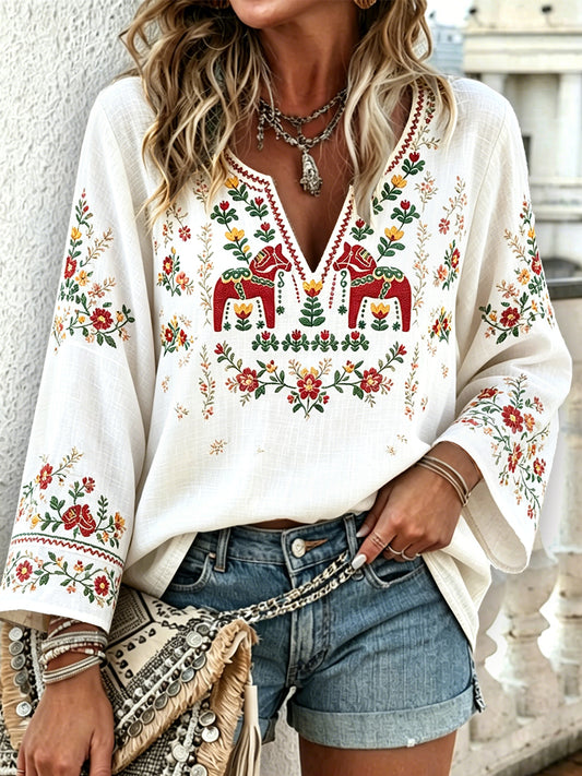 Women’s Sweden Dala Horse Print White Casual V-neck Long-sleeved T-shirt