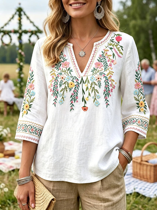 Women’s White Swedish Midsummer Floral Print Casual V-neck Cotton-Linen T-shirt