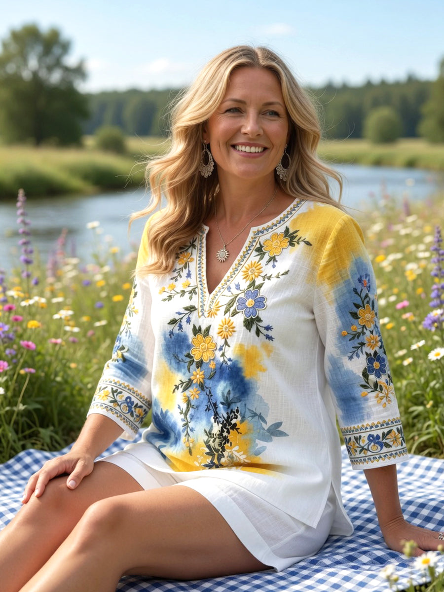 Women’s Swedish Midsummer Floral Print Casual V-neck Linen-Cotton T-shirt