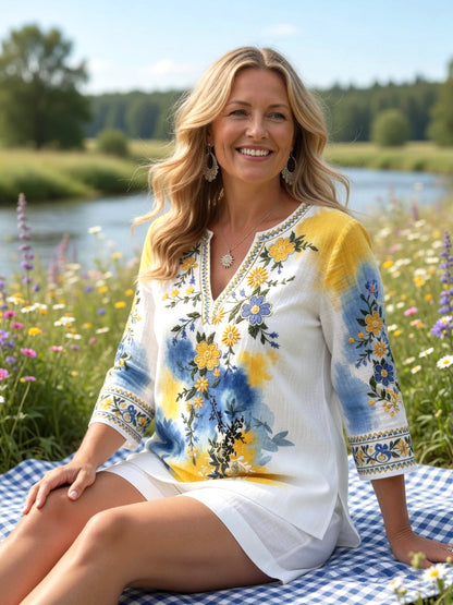 Women’s Swedish Midsummer Floral Print Casual V-neck Linen-Cotton T-shirt