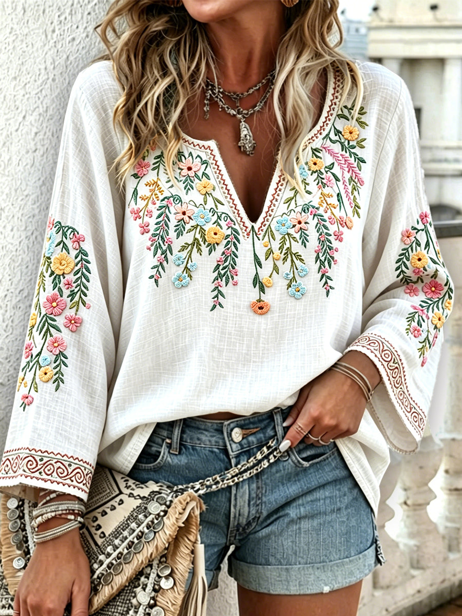 Women’s White Swedish Midsummer Floral Print Casual V-neck Long-sleeved T-shirt