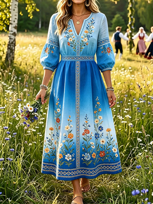 Women’s Swedish Midsummer Dala Horse Print Casual Fashion Cotton-Linen V-Neck Dress