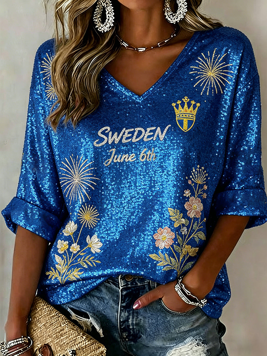 Women's V-Neck Top With Sequin Floral Print