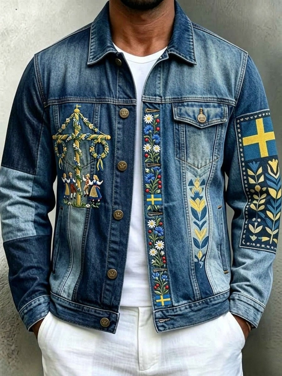 Men's Retro Swedish Midsummer Folk Floral Cotton-Linen Long-Sleeve Jacket