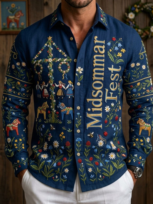 Men's Retro Swedish Midsummer Folk Floral Cotton-Linen Long-Sleeve Shirt