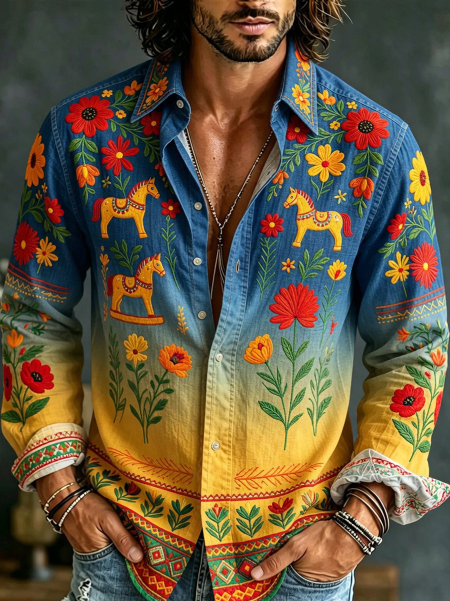 Retro Swedish Midsummer Art Print Casual Shirt