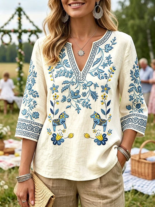 Women’s Swedish Midsummer Dala Horse Floral Print Casual V-neck T-shirt