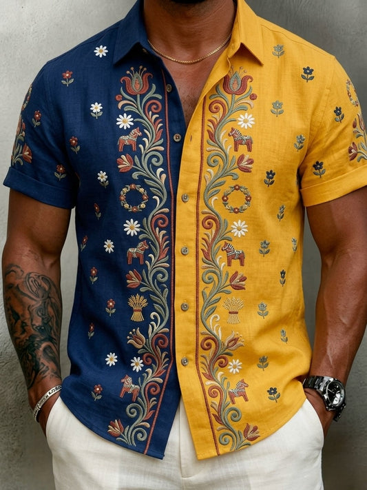 Men's Retro Swedish Midsummer Folk Floral Cotton-Linen Short-Sleeve Shirts
