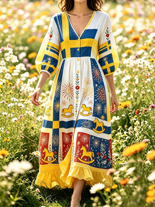Women's Swedish National Day Commemorative Art Print Long Dress
