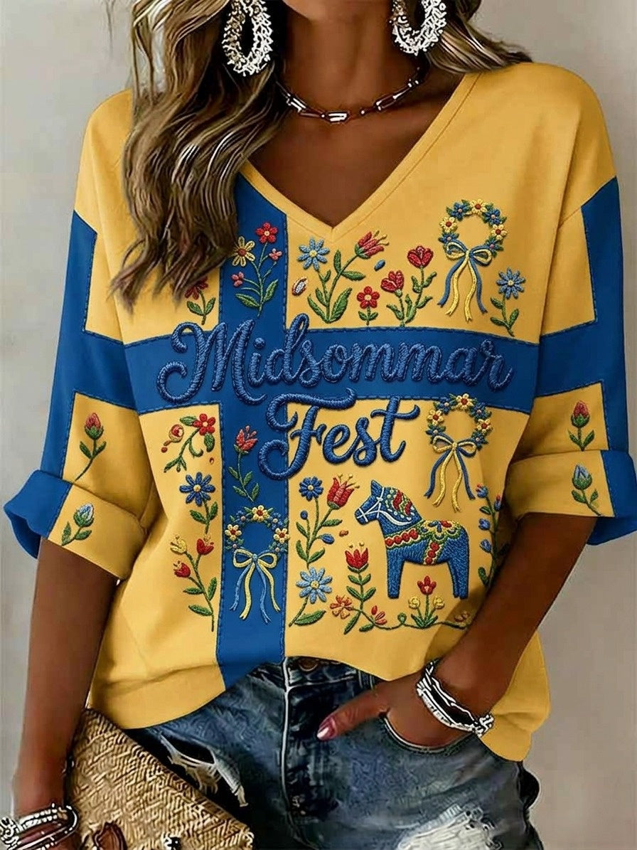 Women's Retro Swedish Midsummer Folk Floral Top