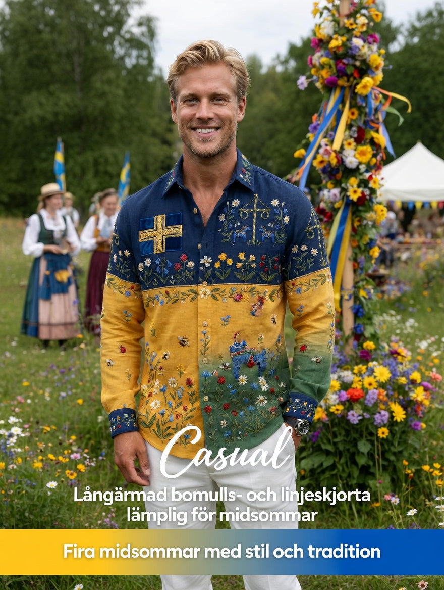 Men's Retro Swedish Midsummer Folk Floral Cotton-Linen Long-Sleeve Shirt
