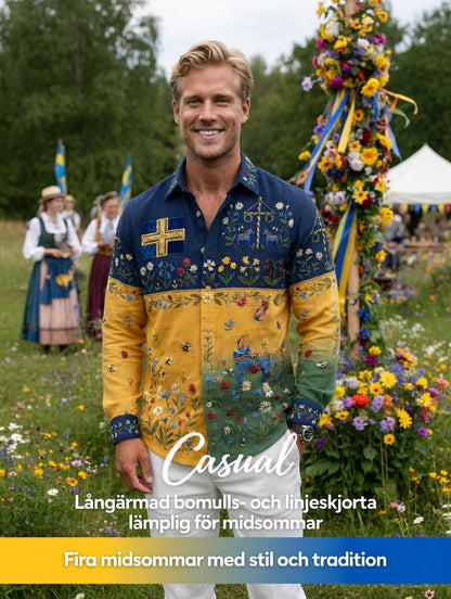 Men's Retro Swedish Midsummer Folk Floral Cotton-Linen Long-Sleeve Shirt