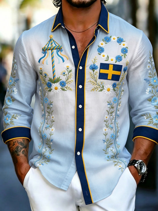 Retro Swedish Midsummer Art Print Casual Shirt