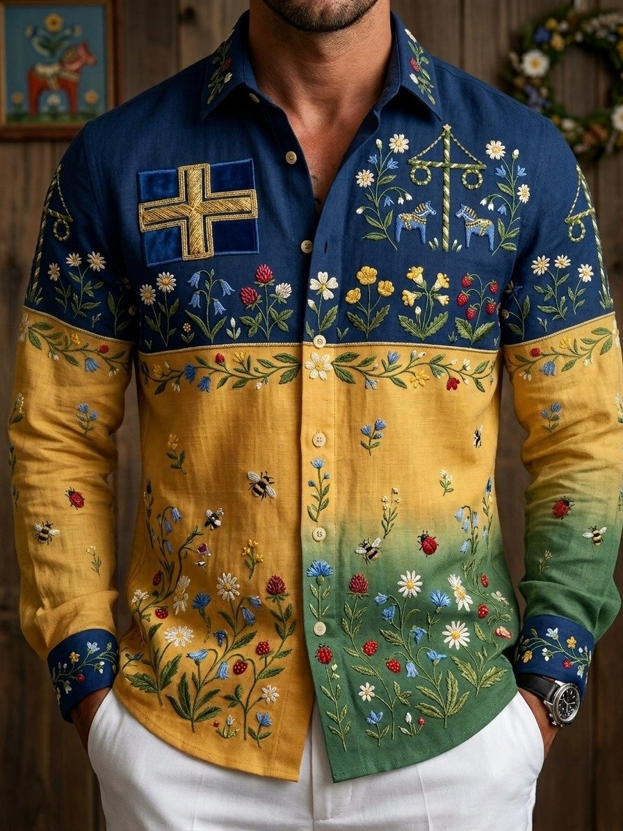 Men's Retro Swedish Midsummer Folk Floral Cotton-Linen Long-Sleeve Shirt