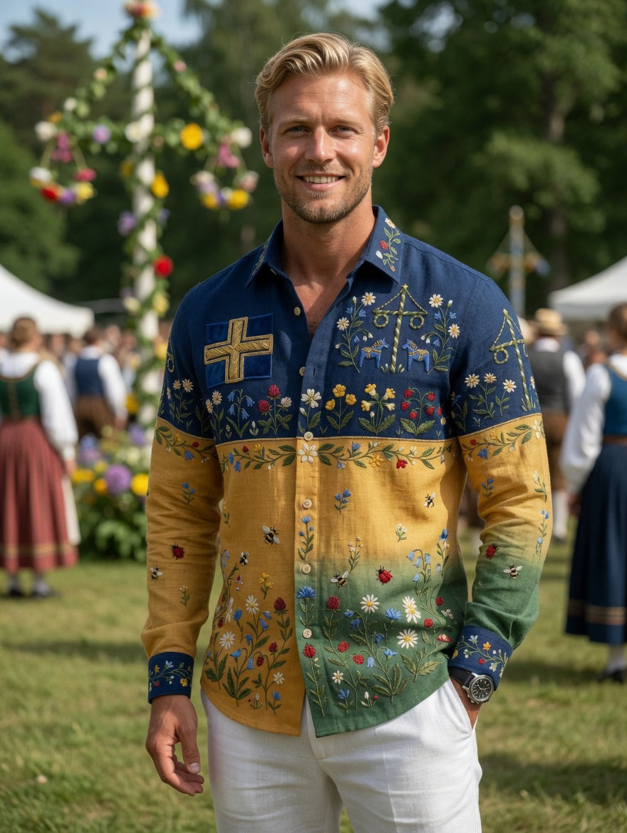 Men's Retro Swedish Midsummer Folk Floral Cotton-Linen Long-Sleeve Shirt