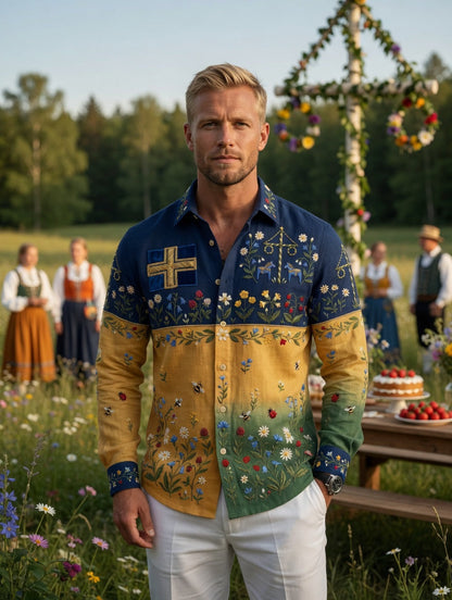 Men's Retro Swedish Midsummer Folk Floral Cotton-Linen Long-Sleeve Shirt