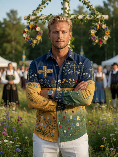 Men's Retro Swedish Midsummer Folk Floral Cotton-Linen Long-Sleeve Shirt