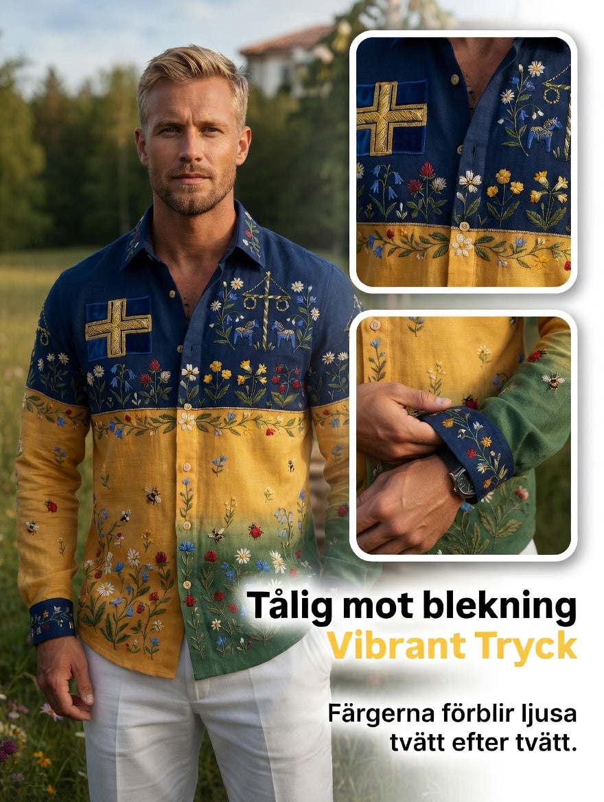 Men's Retro Swedish Midsummer Folk Floral Cotton-Linen Long-Sleeve Shirt