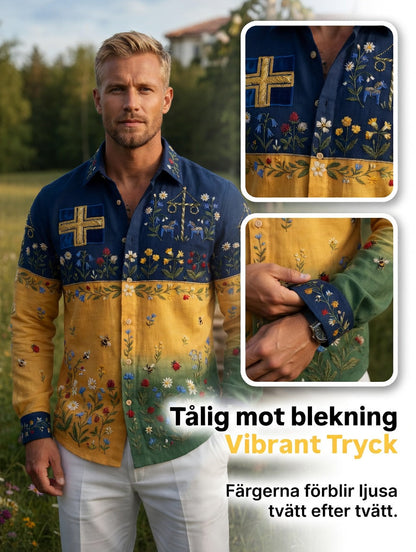 Men's Retro Swedish Midsummer Folk Floral Cotton-Linen Long-Sleeve Shirt