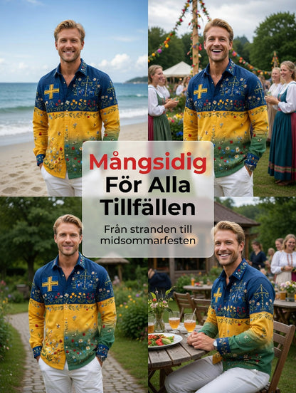Men's Retro Swedish Midsummer Folk Floral Cotton-Linen Long-Sleeve Shirt