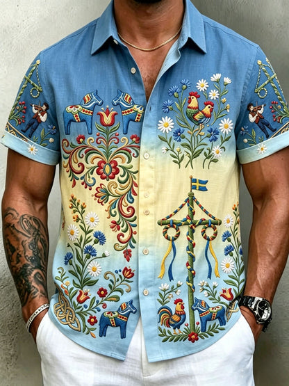 Men's Retro Swedish Midsummer Folk Floral Cotton-Linen Short-Sleeve Shirts