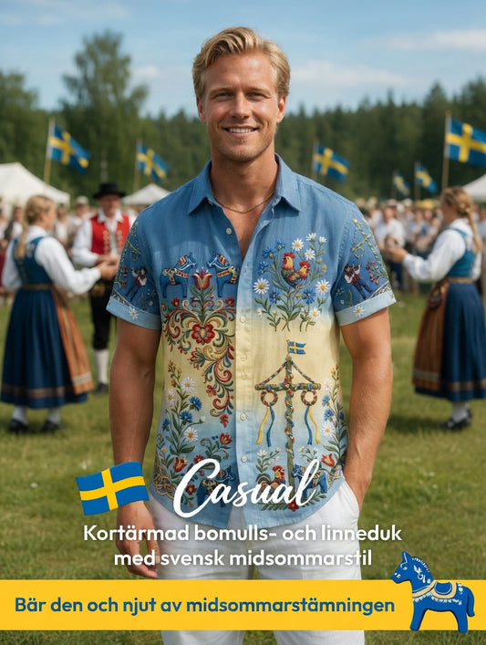 Men's Retro Swedish Midsummer Folk Floral Cotton-Linen Short-Sleeve Shirts