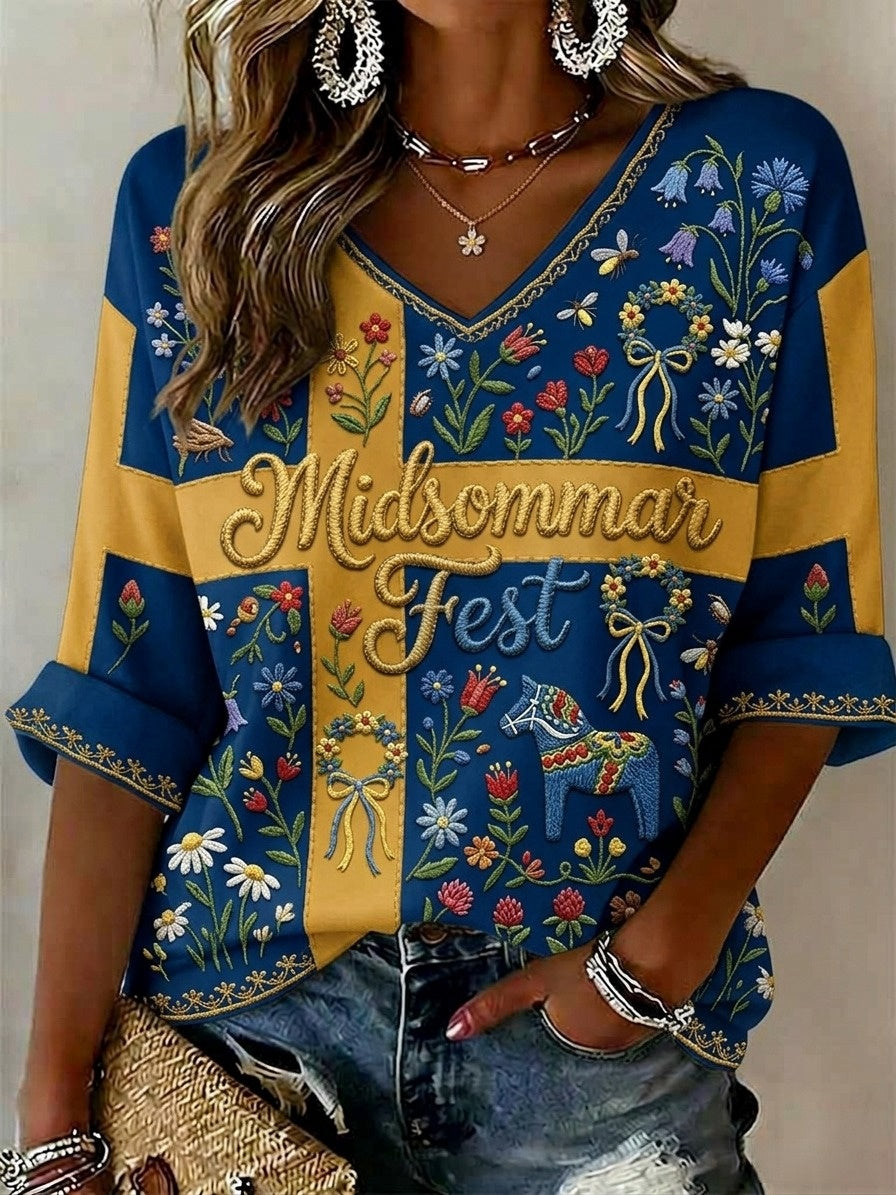 Women's Retro Swedish Midsummer Folk Floral Top