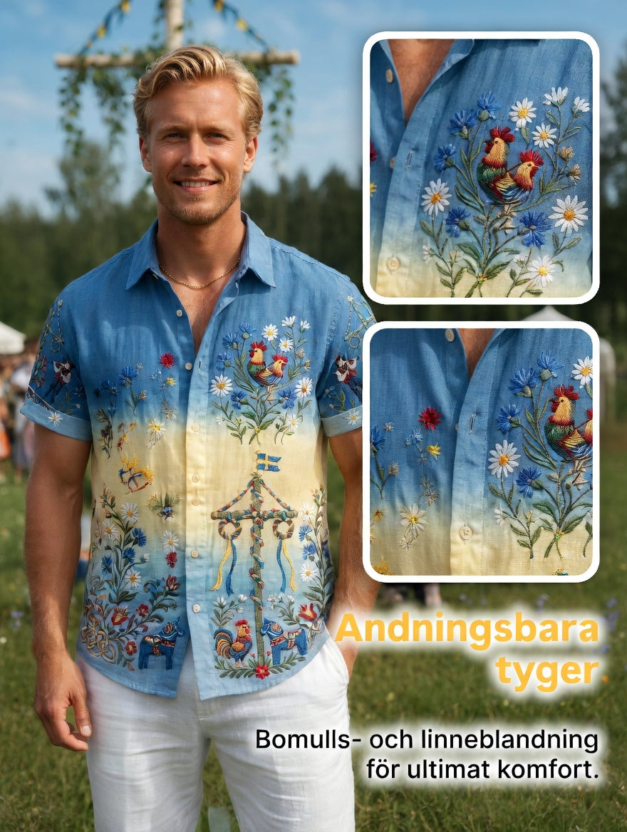 Men's Retro Swedish Midsummer Folk Floral Cotton-Linen Short-Sleeve Shirts