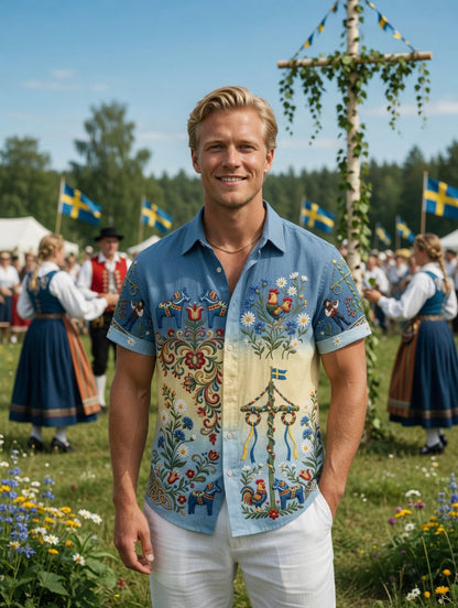 Men's Retro Swedish Midsummer Folk Floral Cotton-Linen Short-Sleeve Shirts