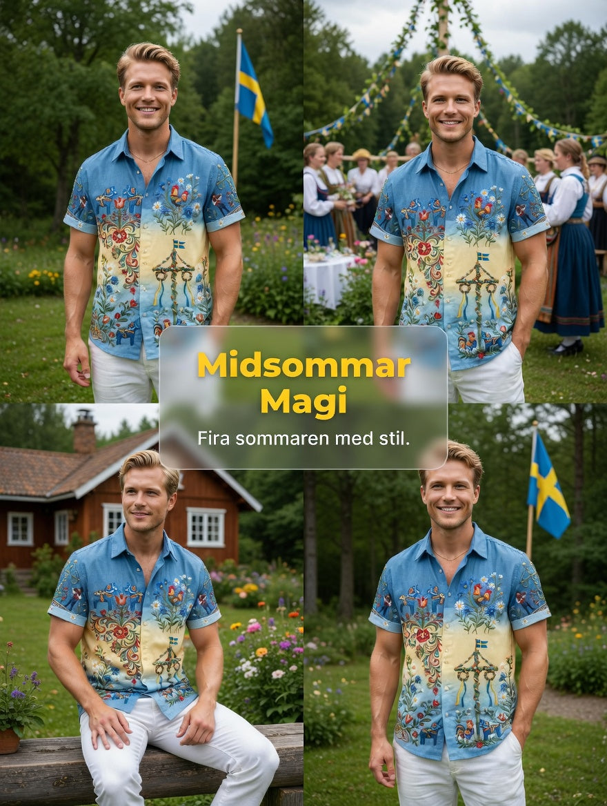 Men's Retro Swedish Midsummer Folk Floral Cotton-Linen Short-Sleeve Shirts