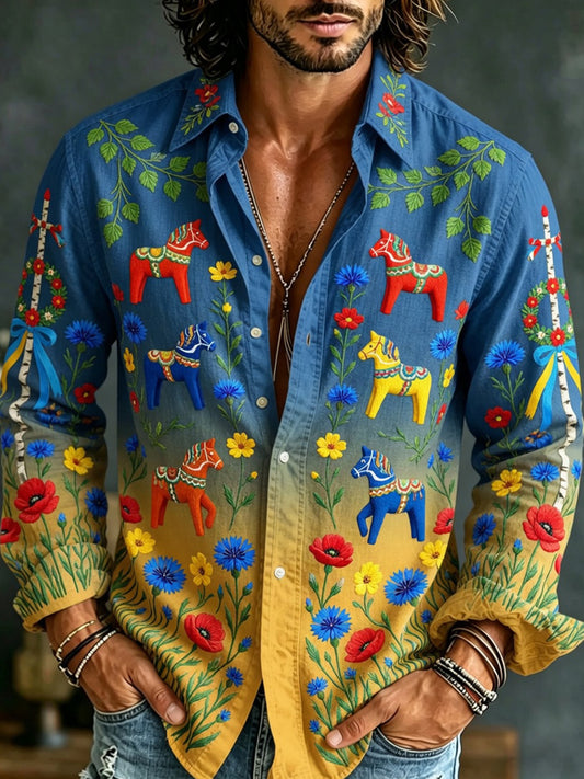 Retro Swedish Midsummer Art Print Casual Shirt