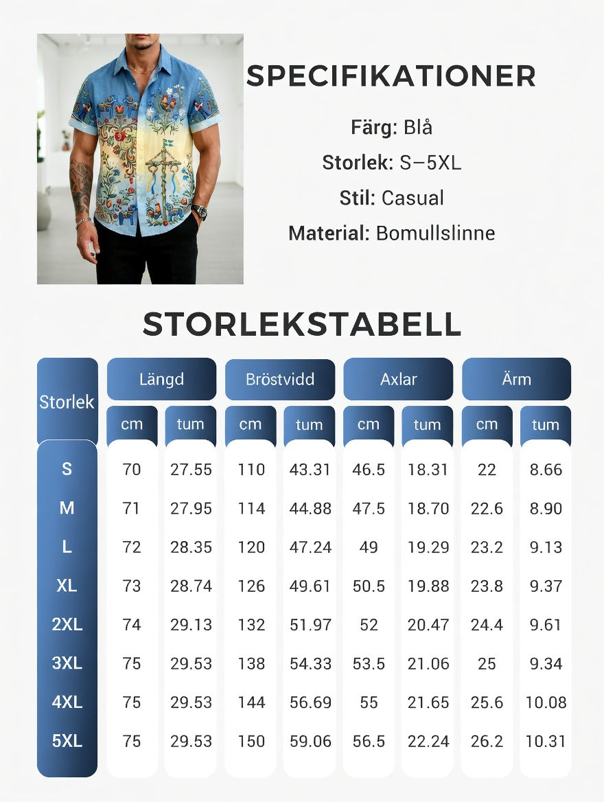 Men's Retro Swedish Midsummer Folk Floral Cotton-Linen Short-Sleeve Shirts