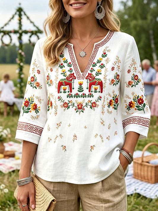 Women’s white Swedish Midsummer Dala horse print casual V-neck T-shirt