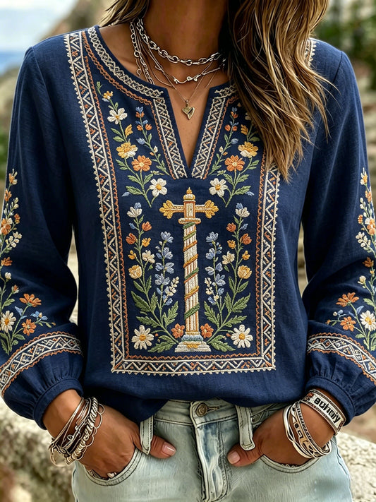 Women's Retro Swedish Midsummer Folk Floral Cotton-Linen Blouse