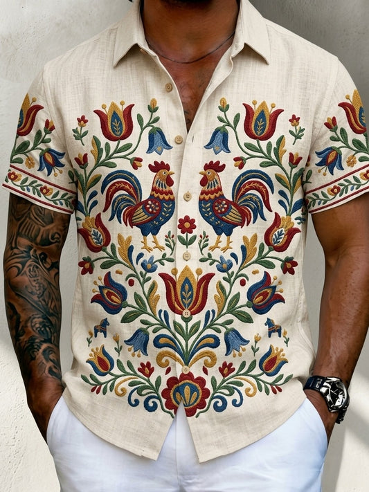 Men's Retro Swedish Midsummer Folk Floral Cotton-Linen Short-Sleeve Shirts