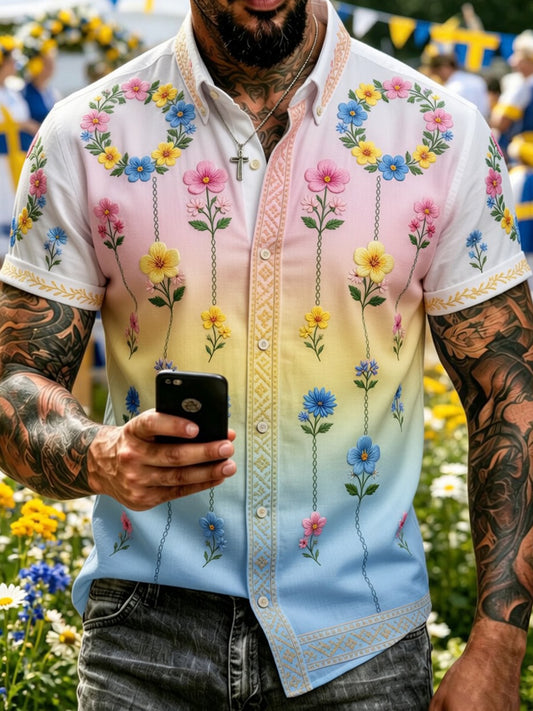 Retro Swedish Midsummer Art Print Casual Shirt
