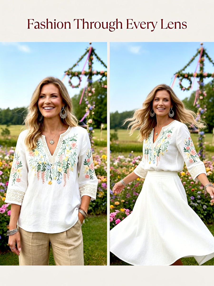 Women’s Midsummer 3D Floral Print White Casual V-neck T-shirt