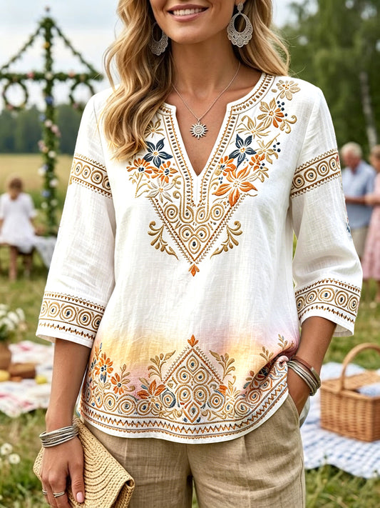 Women's Midsummer 3D Floral Gradient Print Swedish Casual V-neck T-shirt
