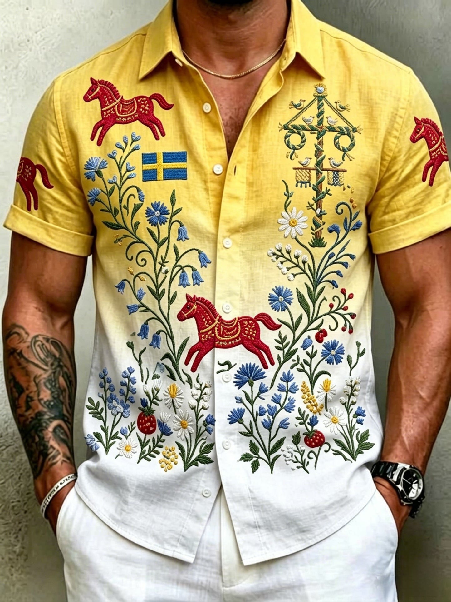 Men's Retro Swedish Midsummer Folk Floral Cotton-Linen Short-Sleeve Shirts