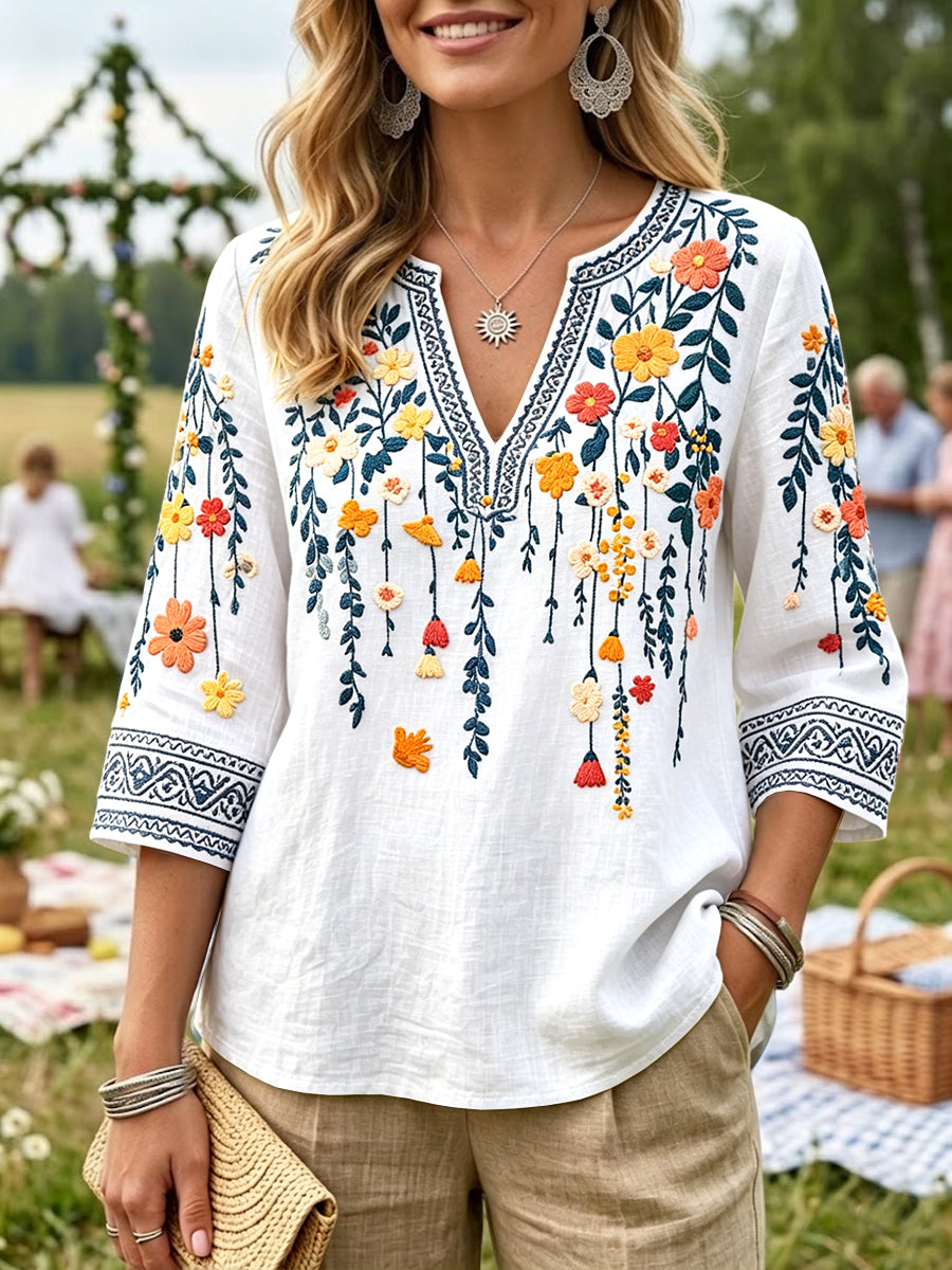 Women’s Swedish Midsummer 3D Floral Print Casual V-neck T-shirt