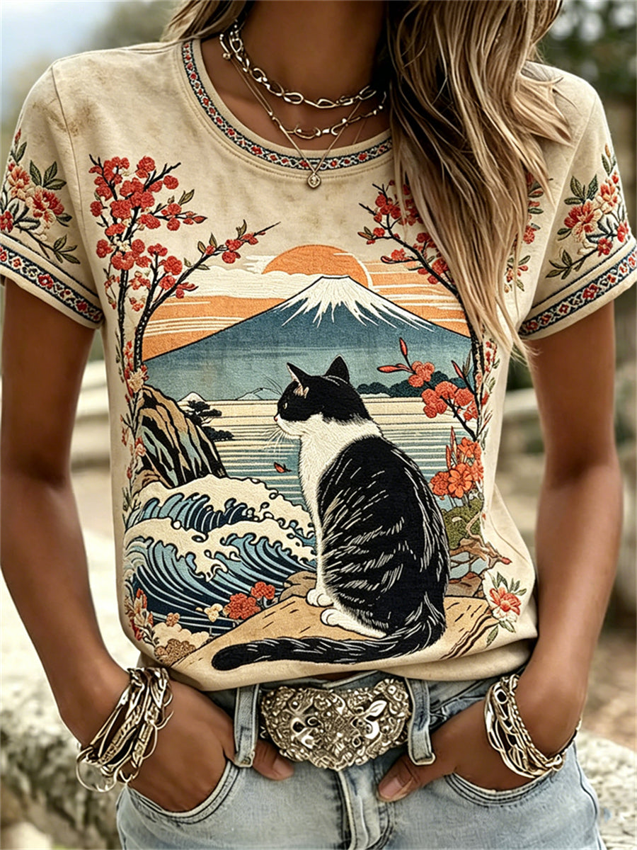 Women's Cat & Japanese Landscape Art Print T-shirts
