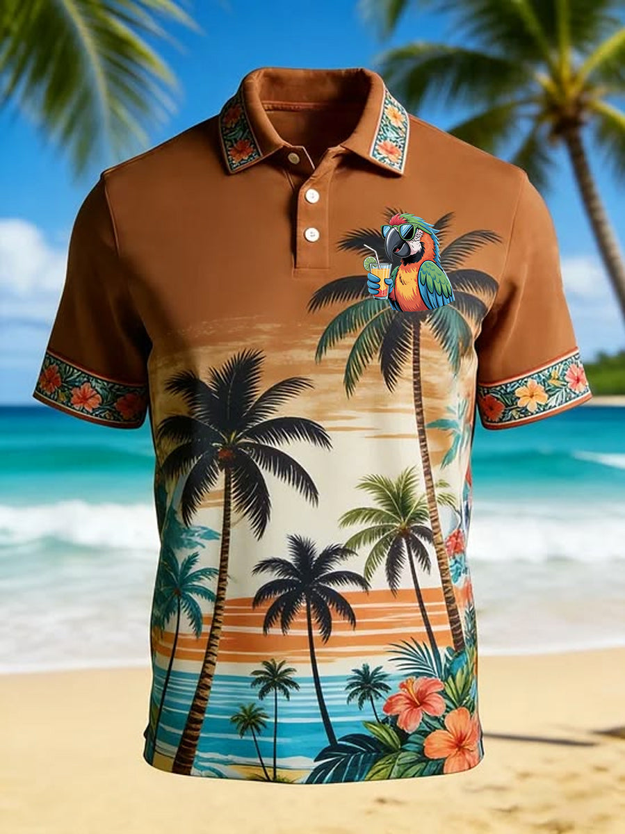 Men's Tropical Botanical Parrot Print Casual Polo
