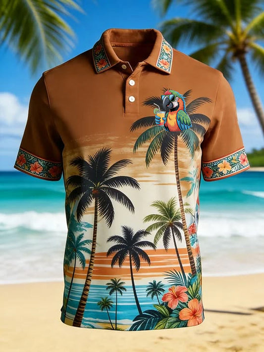 Men's Tropical Botanical Parrot Print Casual Polo