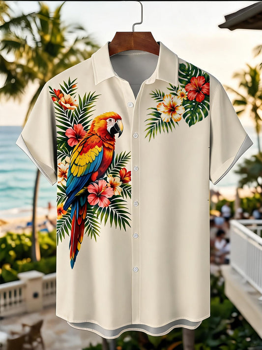 Men's Tropical Botanical Parrot Print Casual Short Sleeve Shirt