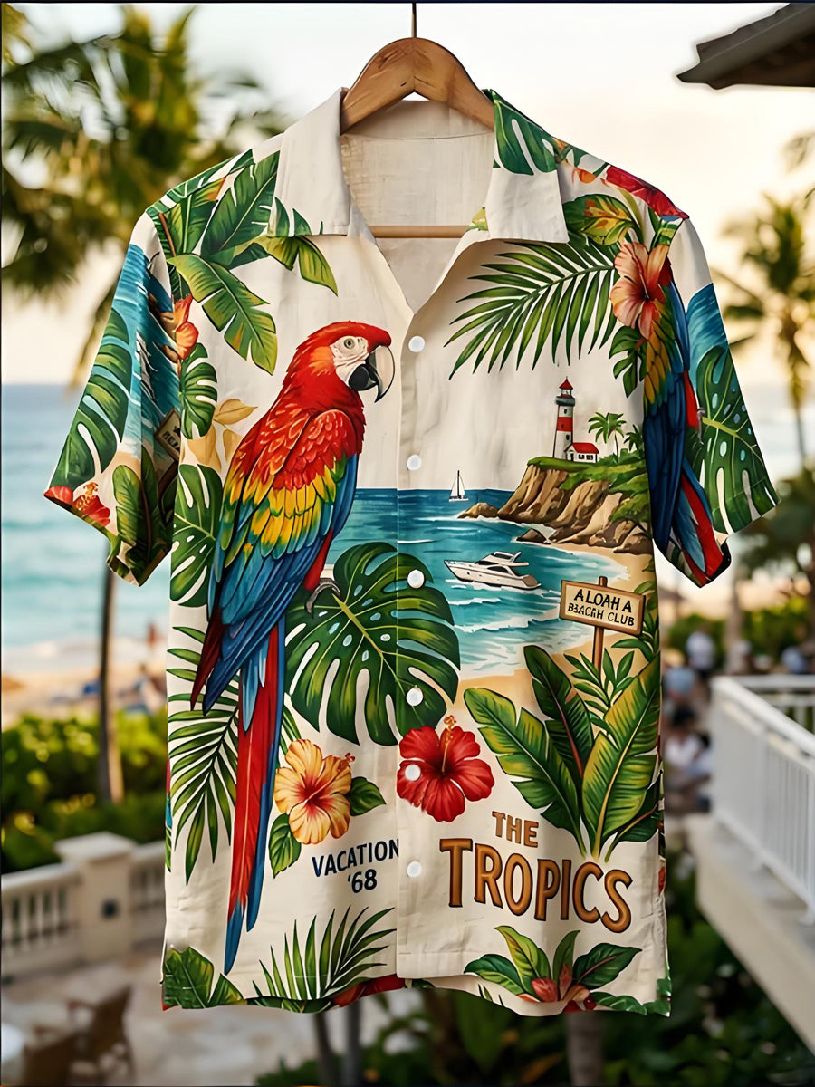 Men's Tropical Botanical Parrot Print Casual Short Sleeve Shirt