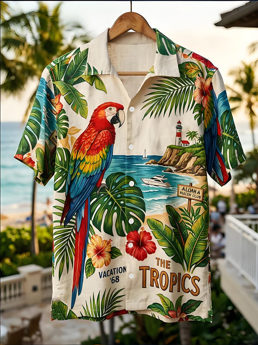Men's Tropical Botanical Parrot Print Casual Short Sleeve Shirt