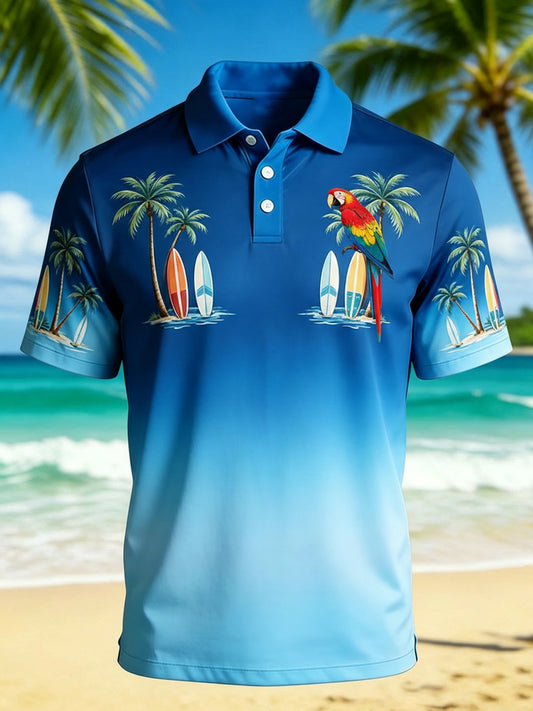 Men's Tropical Botanical Parrot Print Casual Polo